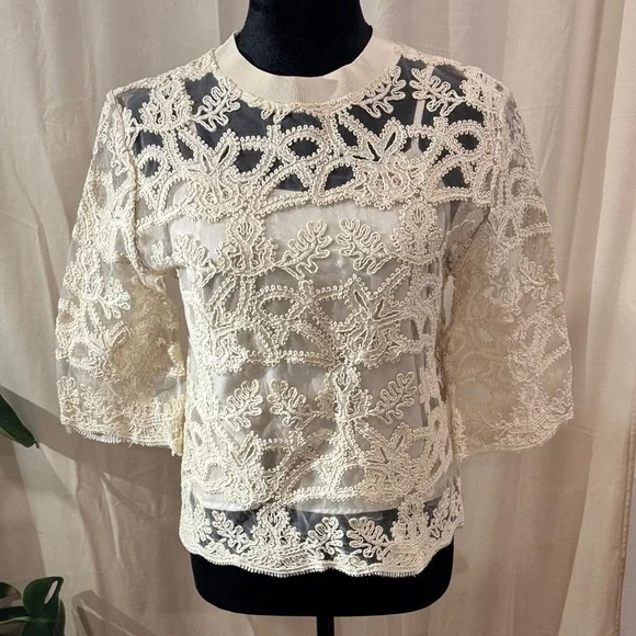 Current Air Women's Beige Lace-Trim Blouse - Picture 1 of 10